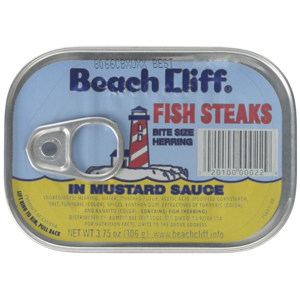 BEACH CLIFF Fish Steaks Bite Size Herring In Mustard Sauce, 3.75 Ounce Cans (Case of 18), Wild Caught Herring, Canned Herring, High Protein, Keto Food, Keto Snack, Gluten Free, Paleo Food, Canned Food