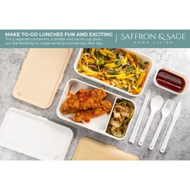 Saffron & Sage Bento Lunch Box - 42oz White Japanese style Bento Box for Adults or Kids with Cutlery, Chopsticks, Sauce Container and Bento Bag - Leak proof, Dishwasher, Freezer, Microwave safe