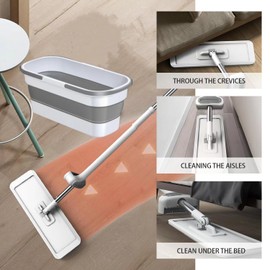 Yuejiahui Mop and Bucket Set with Wringer, Flat Mops for Floor Cleaning, Wall Mop Cleaner with Long Handle, Hardwood Floor Mop with 6 Microfiber Pads (1 Mop + 6 Microfiber Pads + 1 Bucket)