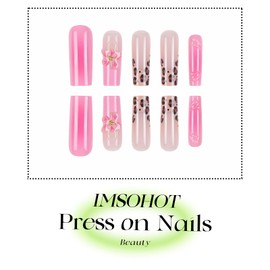 IMSOHOT Square Press on Nails Long Length Fake Nails with Leopard Print & 3D Flower Designs Pink French Tip False Nails Glue on Nails Full Cover Stick on Nails for Women Girls Manicure Kit