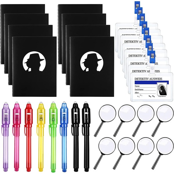Qetlavee 32pcs Explorer Set, UV Pen & Note Book & Magnifier Toys & Identity Cards with Clip, Secret Pen Birthday Gifts for Children, Magic Pen with UV Light