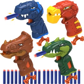4 Pack Dinosaur Blaster Gun Toys for Toddlers Age 3-5 with 20 Foam Darts for Nerf Guns, Easy Pull Small Dino Guns for Boys 2 3 4 5 Year Old Birthday Gifts