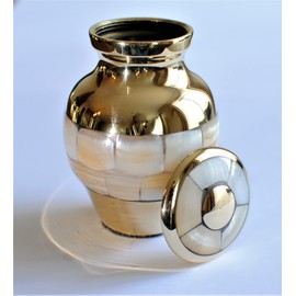 Exquisite Mother of Pearl Human Ashes Cremation Miniature Urn | Golden Brass Keepsake Urn | Memorial Urn | 3" | with Velvet Box & Velvet Bag