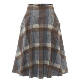 BBONL INEDRESS Skirt Women's Long Vintage Elegant Plaid Winter Skirt, Warm, Elastic Waist, A-Line Skirts, Casual, High Waist, Midi Skirt
