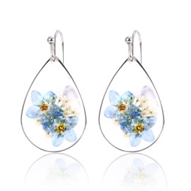 Flower Teardrop Earrings, Forget Me Not Dangle Drop Earrings Sweet Pressed Flower Jewelry for Women (Silver)