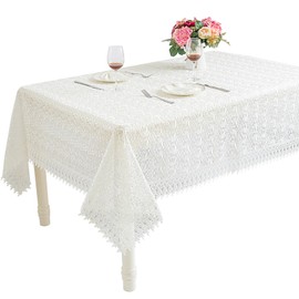 URROMA Rectangular Lace Tablecloth, 60cm*180cm White Table Cover with Lace Trim Washable Non-Slip Tablecloth for Dining Room Kitchen Wedding Banquet