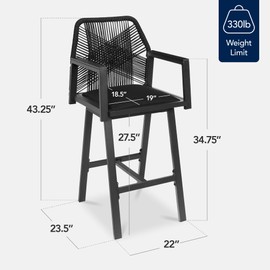 Best Choice Products Outdoor Bar Stools Set of 2, Bar Height, 360° Swivel Aluminum Frame, All-Weather Woven Rope Chair Design w/Armrests - Black/Obsidian