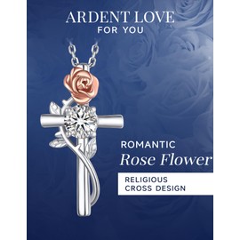 MomentWish Rose Cross Necklace, Christmas Gifts for Women, 1Carat Moissanite Cross Pendant for Her 925 Sterling Silver Flower Necklace