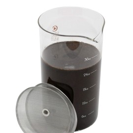 French Press Replacement Glass with Steel Filters by Cafe Crush Club - Fire Hardened Borosilicate Beaker - 34 Ounce | 1 Liter Size with White Measures