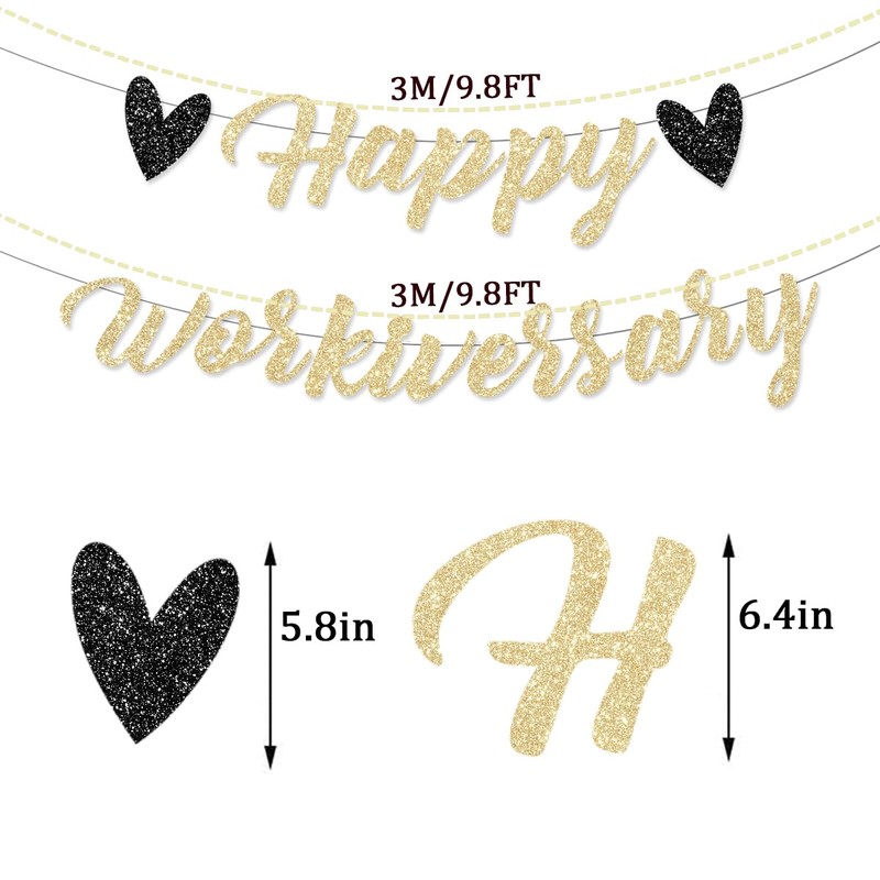 FHGG Pre-Strung Happy Work Anniversary Decorations Banner Gold Glitter Workiversary