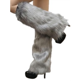 Urieo Faux Fur Warm Leg Warmers Furry Grey Knitted Long Footless Socks Fluffy Boot Cuff Winter Knit Fuzzy High Leg Sleeves for Women