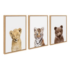 Amy Peterson Art Studio Sleepy Lion, Baby Tiger and Bear Framed Canvas Art Set, 3 Piece 18x24 Natural, Baby Animal Wall Art Decor Set