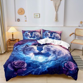 YUTNSAN Wolf Bettwäsche 135x200cm Wölfe Rose Blitz Muster 2 Teilig Kinderbettwäsche Set Mikrofaser Bunt Modern 3D Tier Bettbezug und Kissenbezug 80x80cm