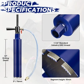 DaduoRi 3" Pro Core Drill Bit with SDS Max Water Injection Adapter (1-1/4"-7 UNC),14" Depth Upgraded Welded Wet Core Bits for Concrete with Rebar, Brick, Masonry,Stucco,Mortar (Include Water Hose Kit)