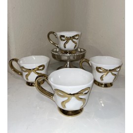Yeti 4-NWT YEDI HOUSEWARE COQUETTE METALLIC GOLD BOW DESIGN CERAMIC COFFEE MUGS