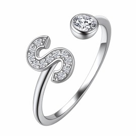 Suplight Women's Open Ring 925 Sterling Silver Letter A to Z Ring with Zirconia Initial Alphabet Jewellery Gift for Women Girls, Sterling Silver, Cubic Zirconia