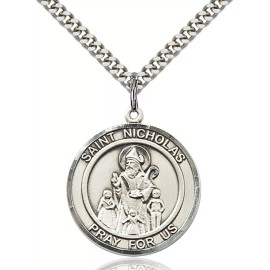 Bliss Sterling Silver Saint Nicholas Holy Medal Pendant Necklace 24" Chain GiftBox