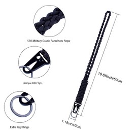 Heavy Duty Braided 550 Paracord Neck Lanyard Keychain for Men Women Outdoor Survival, Parachute Rope Necklace Keychains with HK Clip Key Ring for ID Card Badge Holder, Camera, Wallet and Keys (Black)