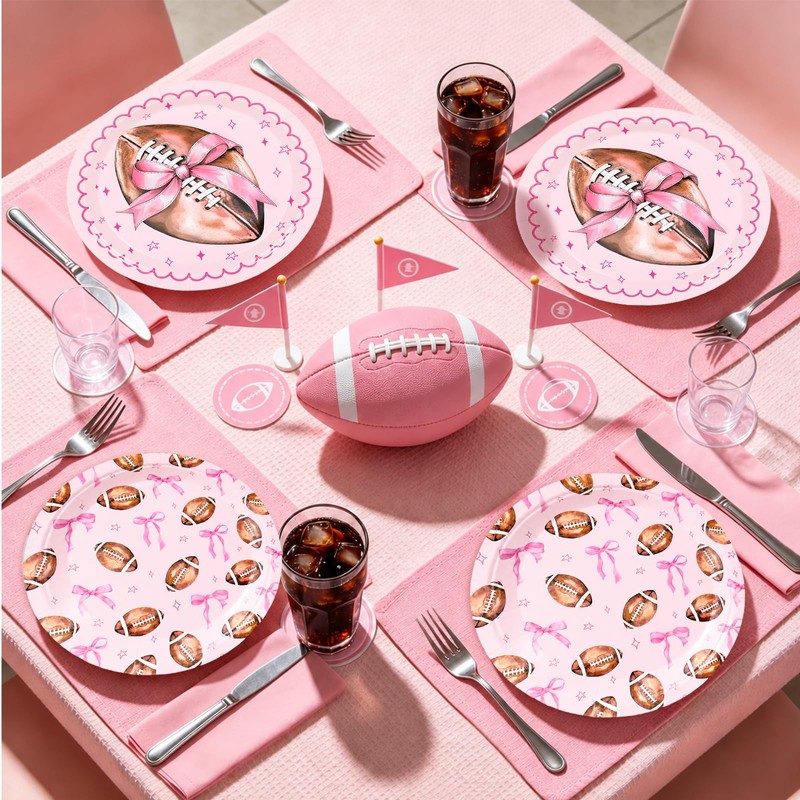 24Pcs Pink Bow Football Paper Plates, Touchdowns or Tutus, 7In