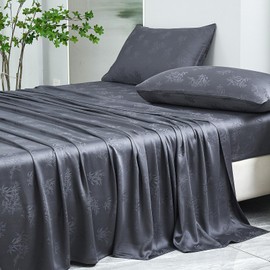 HCORA Jacquard Viscose Derived from Bamboo Bed Sheets Full Size - 400 Thread Count Soft Breathable Cooling Sheets for Hot Sleepers - 16" Deep Pocket Sheet Set with 2 Bed Sheets Holder Straps (Grey)