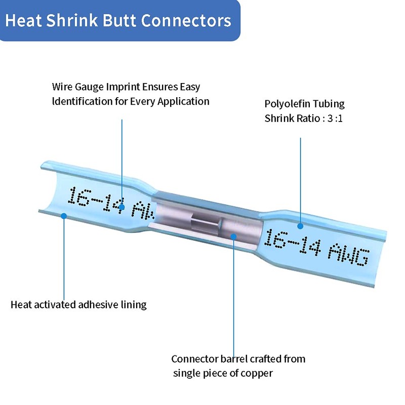 Heat Shrink Butt Connectors, 16-14 AWG 100Pcs Blue Waterproof Electrical