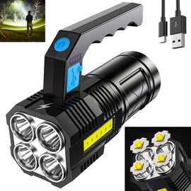 Wrrozz LED Flashlight USB Rechargeable, High Lumens Tactical Light with Sidelight, 4X LED, Zoomable, Handheld Super Brightest Flashlights, Portable Torch for Outdoor Camping Emergency Lantern