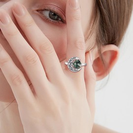 ONEFINITY Moss Agate Ring 925 Sterling Silver Moon Rings Moss Agate Jewellery Gifts For Women