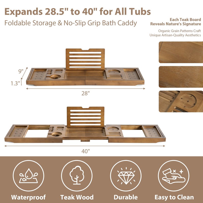 Realgulf Bamboo Bathtub Tray Caddy - Splash-Proof Adjustable (28.5-40") with