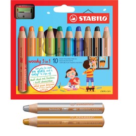 Stabilo Woody 3-in-1 Colouring Pencil, Watercolour and Wax Crayon 10 + 2 Pack with Sharpener with 10 Colours + Gold and Silver