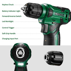 DEKOPRO 8V Cordless Drill, Drill Set with 3/8"Keyless Chuck, 42pcs Acessories, Built-in LED, Type-C Charge Cable, Green Power Drill for Drilling and Tightening/Loosening Screws