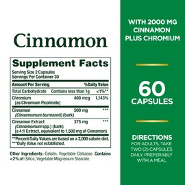 Nature's Bounty Cinnamon 2000mg Plus Chromium, Sugar Metabolism Support Supplement, 60 Capsules
