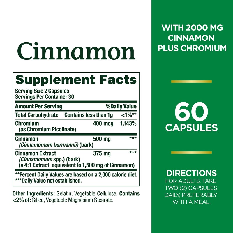 Nature's Bounty Cinnamon 2000mg Plus Chromium, Sugar Metabolism Support Supplement,