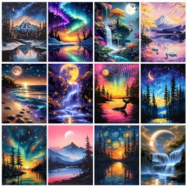 CreateJoy 12 Pack Moonlight Diamond Painting Kits for Adults, 5D Moon Diamond Art Kits for Beginners, DIY Full Drill Paint with Diamond, Home Wall Decor 12 x 16 Inch