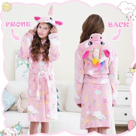 GOPHRALOVE Glow in The Dark Unicorn Robe for Girls & Kids | Rainbow Clouds Hooded Bathrobe & Sleepwear | Machine Washable, Ages 5-10