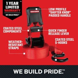 CRAFTSMAN CMXAZBS777 Black/Red 10-Piece Tie-Down Kit with Ratchet Straps, Bungees, Soft Loops and Storage Bag (1,500 lb Break Strength) - Cargo Management and Hauling