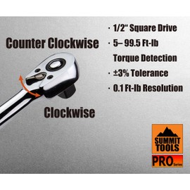 Summit Tools 1/2 inch Digital Torque Wrench, 5-99.5 ft-lbs (6.8-135 N-m) Torque Range, Sequential LED and Buzzer, Calibrated (WSP4-135CN)