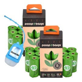 The Original Poop Bags Dog Poopbags, Plant-Based, 9x13 Inch, 120 Count, Green Leak-Proof Dog Waste Bags, | Bundle With Suretails Hand Sanitizer Dispenser,Plant Based Poop Bags, Countdown Rolls, Pack