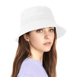 Unisex Bucket Hat for Women Men Summer Sun Beach Hat, Denim Packable Cotton Fisherman Cap for Casual, Sports, Trips, White, S/M
