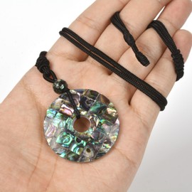 Justinstones Natural Abalone Shell Mosaic Peace Donut Healing Crystal 40mm Circle Coin Shaped Stone Pendant Adjustable Braided Cord Necklace 28 Inch