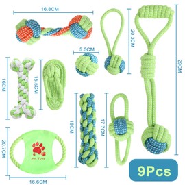 KITDAHOM Set of 9 Dog Toys - Puppy Toy - Cotton Material - Promotes Dental Care, Relieves Stress, Prevents Furniture Damage - For Small Dogs, Dog Play and Training (Green)