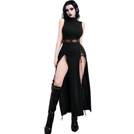 InGoticos Women's Gothic Mock Neck Split Thigh Lace Up Tank Goth Dress Without Belt Black