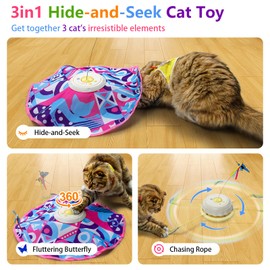 Aymxcls Cat Toys Chargeable, 3in1 Hide and Seek Kitten Wand Toy, Interactive Automatic Cats Toy, Fluttering Butterfly, Moving Feather, Indoor Exercise Kicker for All Breeds