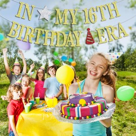 In My 16th Birthday Era Banner, Sweet Sixteen/Cheers to 16 Years/16 Years Blessed Decoration Backdrop Gifts for Celebrate 16th Birthday, Happy 16th Birthday Party Banner Sign for Teenagers, Gold Glitter