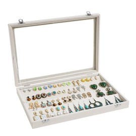 Wudygirl Jewelry Organizer Velvet Earring Organizer with Clear Lid 32 Pairs Earring Holder Jewelry Tray Display Case (Beige 64 Slot)