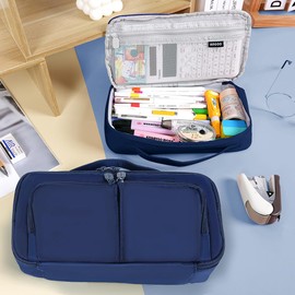 Pencil Case Large Capacity Pencil Pouch Pen Bag with Handle, Portable Pencil Case Pencil Bags with Zipper Student Pencil Cases Stationery Bag for Girls and Boys Teen Adults Women (Navy Blue)
