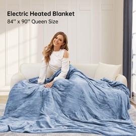 Electric Heated Blanket 84"x90" Queen Size Soft Flannel Heated Blanket, 4 Heating Levels & 10 Hours Auto-Off with Dual-Zone Control - Light Blue