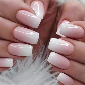 24PCS Gradient French Tip Press on Nails Medium Square Fake Nails with Natural Ombre Design False Nails Gradient White Glossy Acrylic Glue on Nails for Women Manicure
