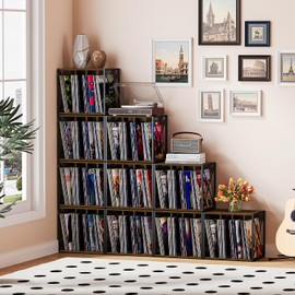 VYUOL Vinyl Record Storage,Vinyl Record Holder Up to 80-100 Albums,4-Compartment Record Player Stand for Magazine,Book,CD,Files,Albums