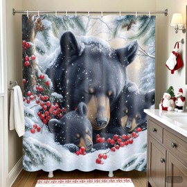 Wathon - Cortina de ducha de oso negro de invierno con escena nevada con osos abrazados rodeada de nieve y bayas rojas, decoración de baño festiva de Navidad, 70 x 70 pulgadas, cabaña y bosque, vida