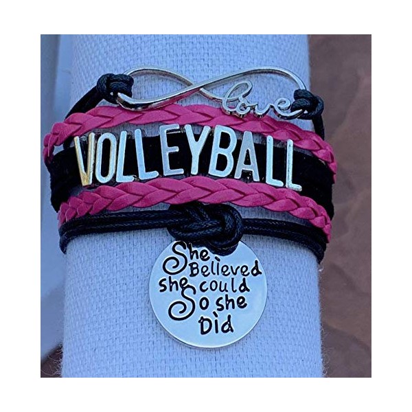 Sportybella Volleyball Charm Bracelet - Volleyball Jewelry - Volleyball She Believed She Could Bracelet for Volleyball Players - Perfect Volleyball Gifts for Players (Pink/Black)